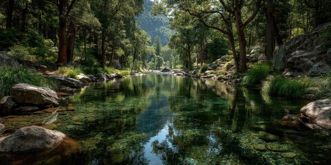 Obraz premium Tranquil river reflects lush forest in early morning light near mountain range