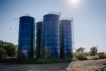 Four tall blue silos stand under a clear sky in a rural area, surrounded by vegetation and dirt ground, with sunlight and a bird in the background.