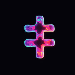 Obraz premium Vibrant iridescent liquid symbol with abstract fluid shapes, glowing with holographic colors against a dark backdrop, creating a futuristic and mesmerizing visual