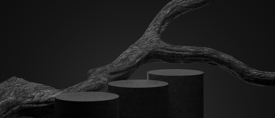 3D product background showing old timber and podium for presentation of cosmetic, 3D illustration. 3D black background