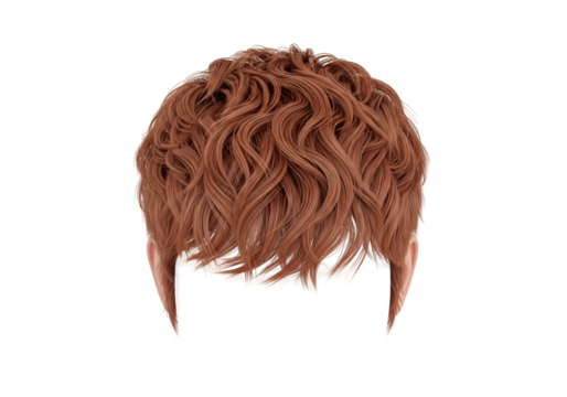 A close-up view of a short, textured hairstyle with reddish-brown curls against a plain black background.