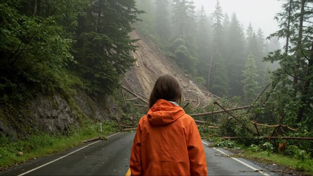 A woman looks at a massive landslide blocking a mountain road. Fallen trees and mud debris cover the highway after a natural disaster. Environmental damage and obstruction concept.