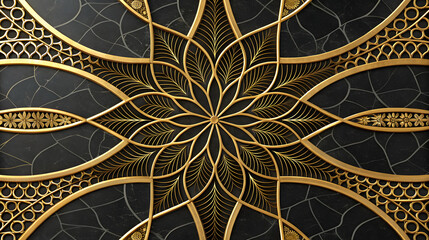 Intricate gold floral pattern on black marble texture