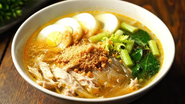 Filipino Chicken Sotanghon Soup with Hard-Boiled Eggs and Vegetables
