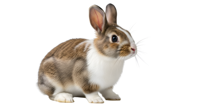 Brown and white rabbit portrait looking to the side isolated PNG with Transparent Background