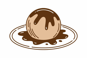 Cartoon Chocolate Ice Cream Scoop Illustration on Plate with Dripping Syrup Delicious Dessert Concept