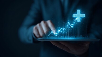 Man touches a digital tablet showing a plus sign and a rising graph