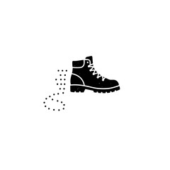 Stylized graphic of a rugged hiking boot leaving a dotted trail, symbolizing an adventurous journey, outdoor exploration, and the path of discovery