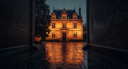 Grand mansion on a rainy evening, warm glow