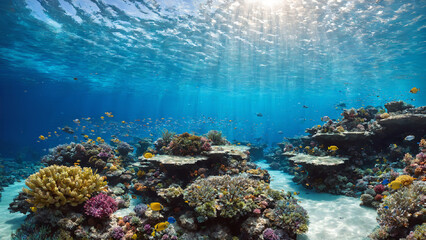 Fototapeta premium Vibrant Coral Reef with School of Fish