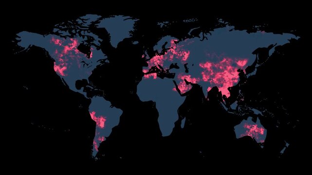 COVID-19 world map animation. The global spread of coronavirus. Global Map With Pink Hotspots Illustrating Disease Spread And Global Connectivity.