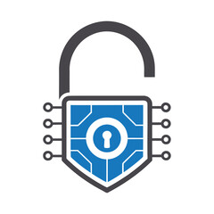 Open padlock icon with circuit board design and keyhole unlocked security