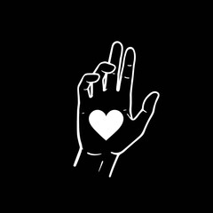 White hand with heart symbol on a black background representing love, kindness, and well-being