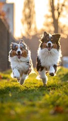 Two dogs running in a field at sunset
