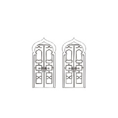 A pair of ornate, arched Islamic-style doors in a detailed black and white line art illustration.