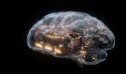 Futuristic transparent brain design with intricate mechanical components and glowing circuits, symbolizing advanced technology and artificial intelligence concepts in a digital art style