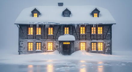 Cozy house in winter with snow and warm light