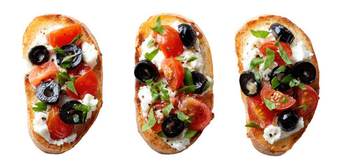 Three slices of toasted bread topped with ricotta cheese, cherry tomatoes, black olives, and fresh basil