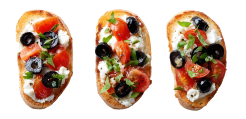 Three slices of toasted bread topped with ricotta cheese, cherry tomatoes, black olives, and fresh basil