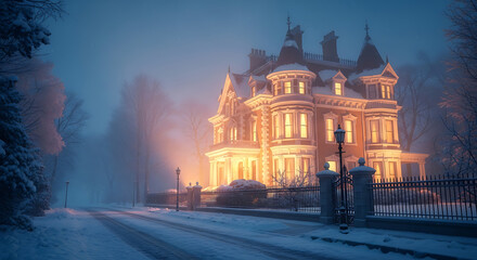 Grand house in winter snow at night
