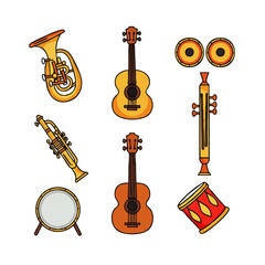 A vibrant collection of illustrated musical instruments, including guitars, drums, and brass, in a clean cartoon style.