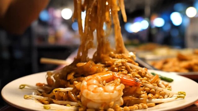 Delicious Pad Thai with Shrimp and Noodles at a Street Food Market
