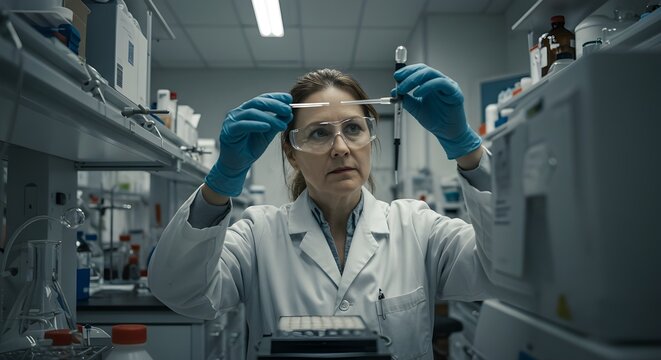 Scientist analyzing samples in a high tech laboratory with advanced equipment and sterile surroundings