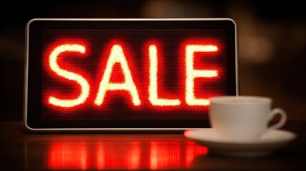 Glowing red SALE sign on tablet screen with coffee cup in foreground symbolizing online shopping discounts and digital retail promotion