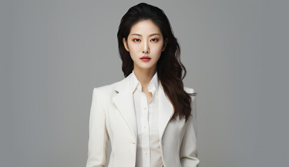 Confident young Asian student or office worker in white blouse, smiling with positive energy