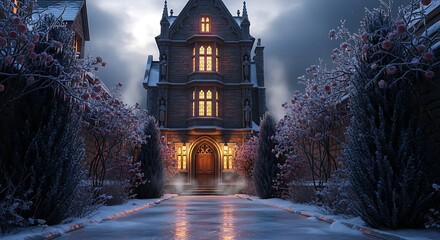 Gothic mansion in winter with frozen garden
