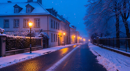 Snowy European street at night with glowing lamps