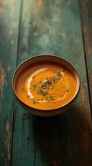 Steaming Bowl of Butternut Squash Soup on Rustic Wooden Table