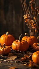Autumnal Still Life Pumpkins, Leaves, and Branches