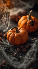 Spooky Halloween Still Life Mini Pumpkins, Spiderwebs, and Spiders