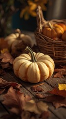 Autumn Harvest White Pumpkin and Fall Leaves on Rustic Wooden Table