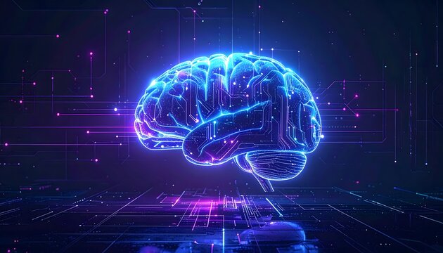 Futuristic neon glowing brain hologram with circuit lines and digital interface.