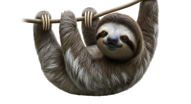 Cute sloth hanging from a branch isolated PNG with Transparent Background