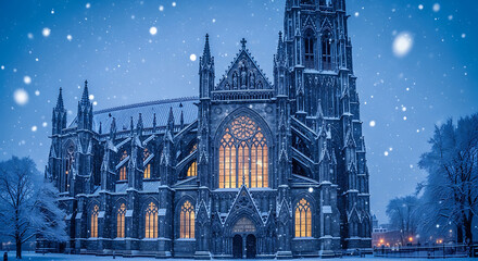 Majestic cathedral in winter snow at night