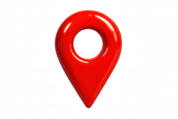 Shiny red location pin indicating a precise spot on a transparent background, ideal for navigation or travel projects