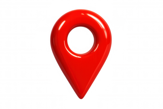 Shiny red location pin indicating a precise spot on a transparent background, ideal for navigation or travel projects