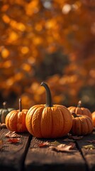 Autumn Harvest Pumpkins on Rustic Wooden Table with Blurred Fall Foliage Background