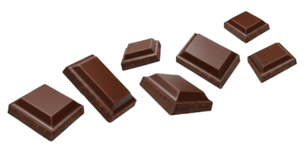 Scattered Dark Chocolate Squares on Black standard isolated on a transparent background