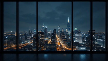 Obraz premium Panoramic view of a sprawling city skyline at night seen through large office building windows