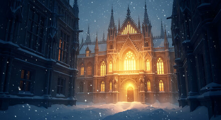 Gothic architecture in winter snowfall at night