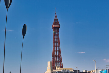 Blackpool Tower View from Below with Sculptures and Cityscape