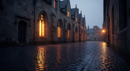 Old stone buildings in rainy weather at night