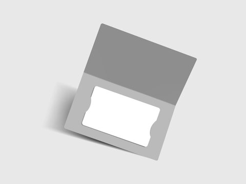 White plastic gift card in folded paper package. Minimal setup for showcasing loyalty, banking, membership or discount cards. Empty template for branding. Elegant mockup of certificate in holder. - Powered by Adobe