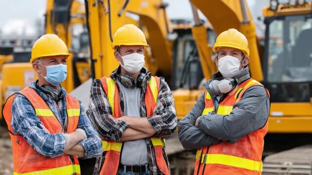 Safety on Site: A group of construction workers stand confidently, equipped with essential protective gear, including hard hats and safety vests.