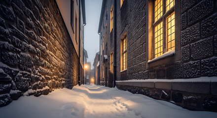 Snowy alleyway with warm window lights at night