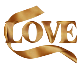 Gold ribbon encircles the word "LOVE" in a stylized font